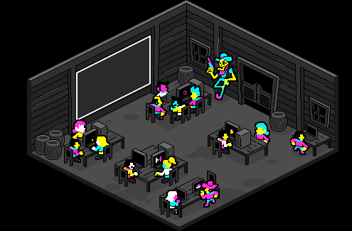 Isometric illustration of the game jam space