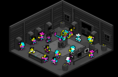 Isometric illustration of the game showcase floor